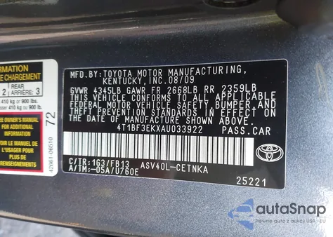 2010 Toyota Camry Le from USA, damaged, VIN 4T1BF3EKXAU033922